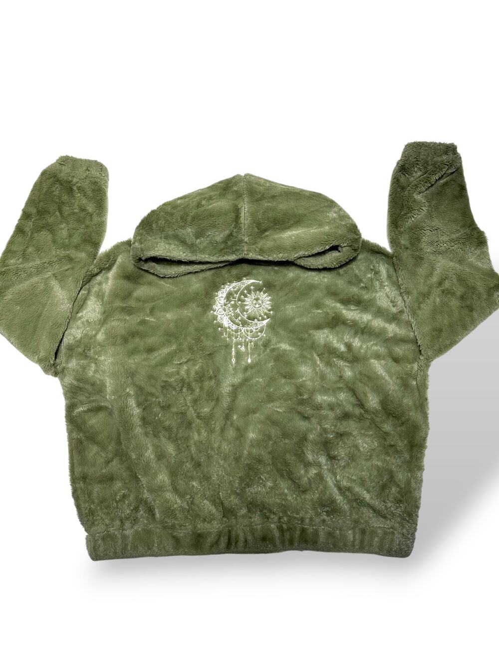 Cult Favorite Olive Plush Faux-Fur Hooded Embroidered Moon + Sun Pullover Small